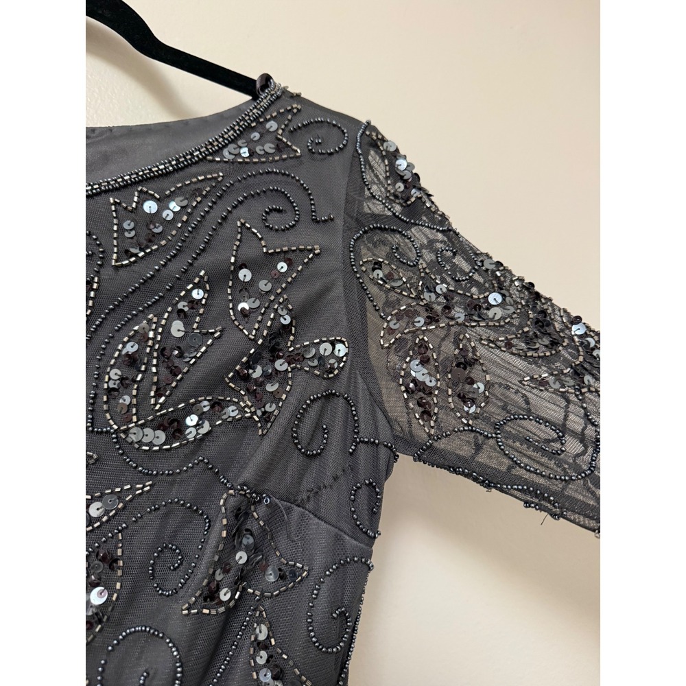 Pisarro Nights Gray Beaded Sequin Gown 3/4 Sleeve Formal Maxi Dress - Picture 6 of 14